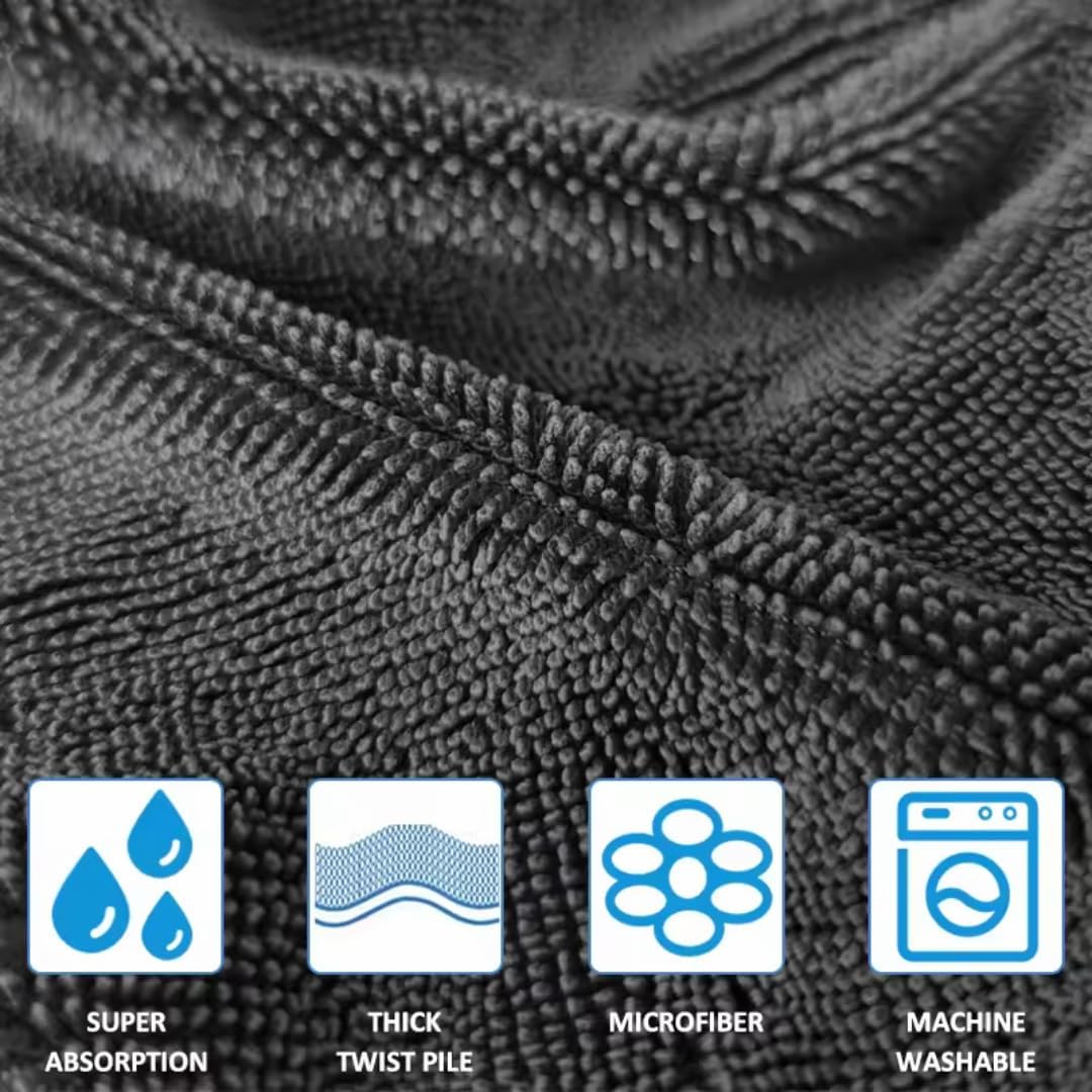 Microfiber Cloth for Car – 1200 GSM, 40x60 cm, Grey, 1 Pc, Ultra Thick Twisted Loop Drying Towel, Super Absorbent & Lint-Free Edgeless Design for Car Wash, Polishing & Detailing