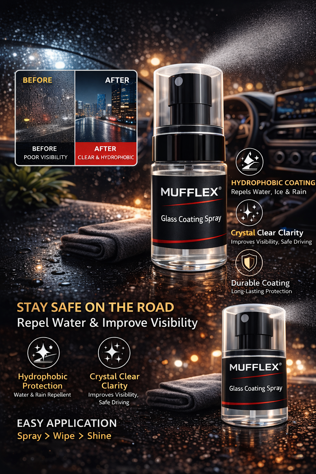Mufflex® Glass Coating Spray – Hydrophobic Car Glass Protection | Water Repellent & Crystal Clear Shine