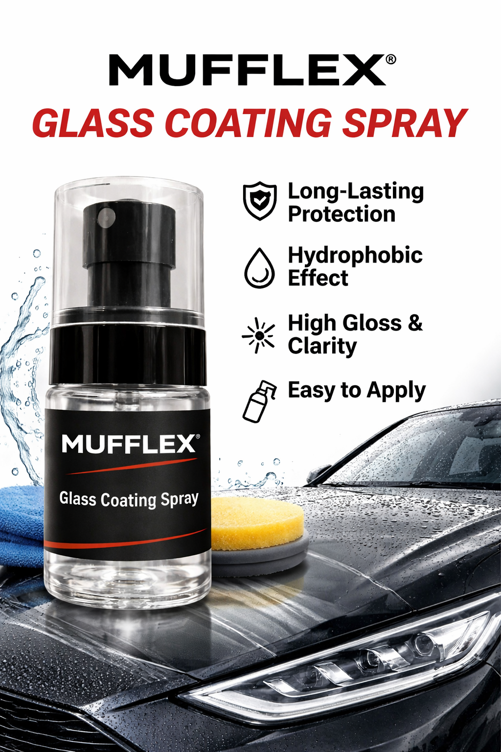 Mufflex® Glass Coating Spray – Hydrophobic Car Glass Protection | Water Repellent & Crystal Clear Shine